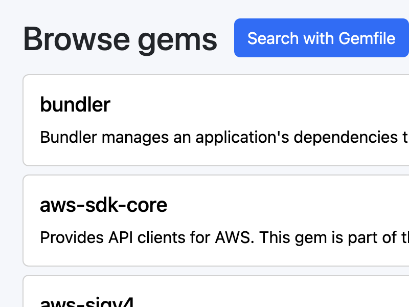Browse gems or upload Gemfile